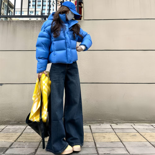 韩系不臃肿布鲁斯蓝连帽羽绒棉服