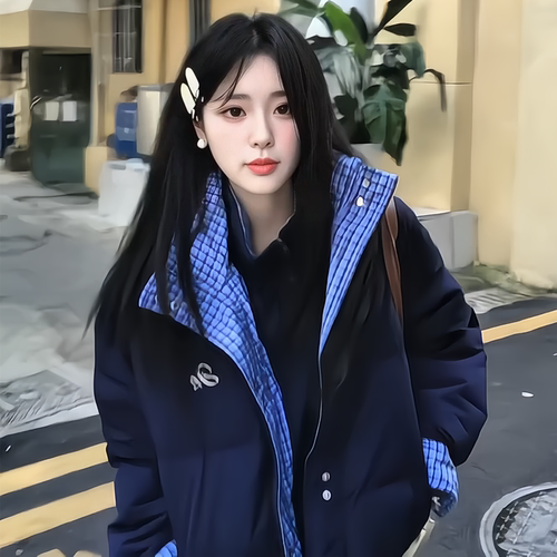 美式假两件格子拼接羽绒棉袄棉服