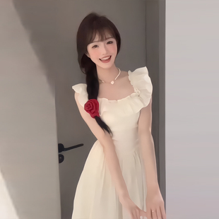 法式 甜美少女气质收腰长裙 温柔风方领飞飞袖 连衣裙女夏2025年新款