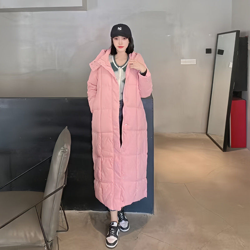 长款过膝连帽粉色羽绒棉服女冬2025年新款韩版宽松休闲百搭面包服