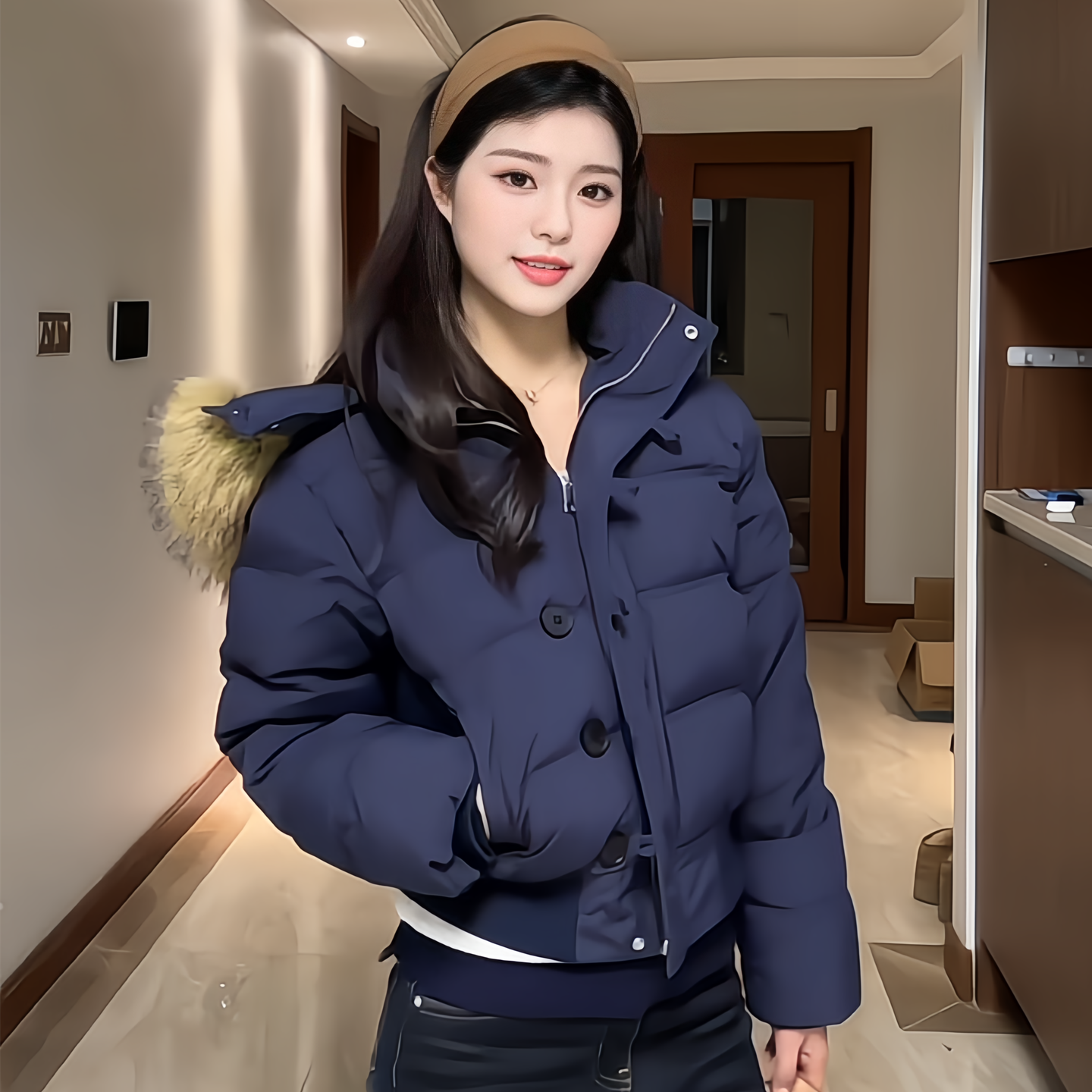 超好看美式短款大毛领羽绒棉袄女