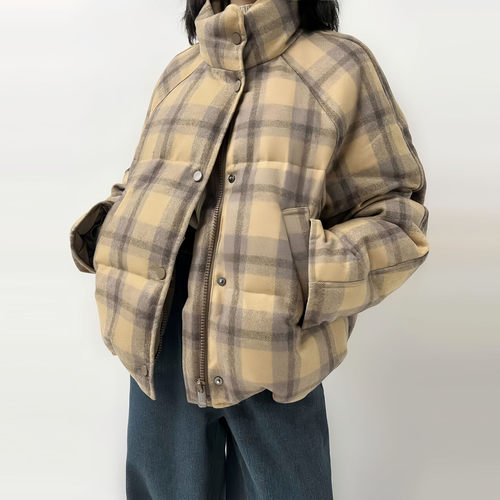 美式潮牌复古格子立领羽绒棉袄女