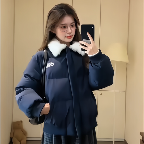 美式复古短款羊羔毛领羽绒棉袄女