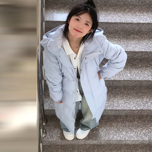 晶煊韩国高级感长款蓝色连帽棉袄