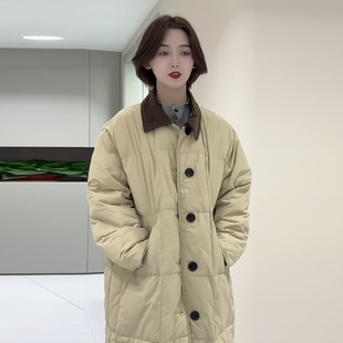 过膝白鸭绒外套 长款 韩系冬装 单排扣灯芯绒翻领羽绒服女2025年新款