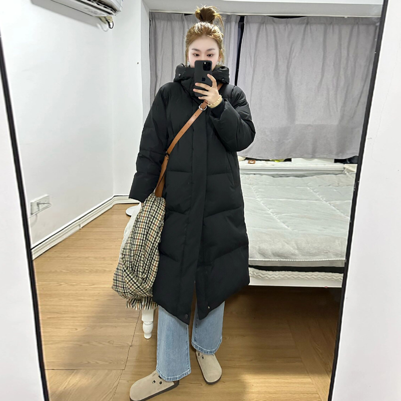 女神保命长款黑色连帽棉服女冬2024年新款韩版宽松情侣加厚面包服