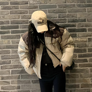 时尚撞色短款立领羽绒服女2025韩系冬装新款小个子百搭白鸭绒外套
