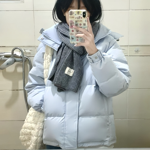 小个子面包服 新款 韩国高级感冰川蓝连帽短款 羽绒棉袄女2024年冬季