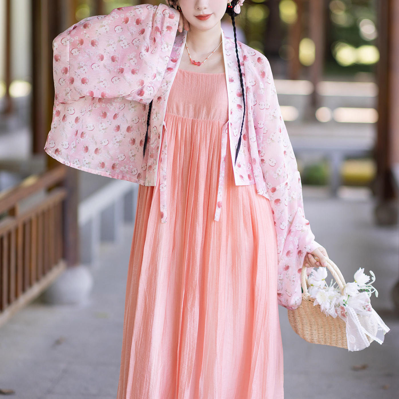 夏季天丝改良汉服套装粉色