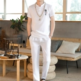 Летняя футболка с коротким рукавом, комплект для отдыха, ханьфу, трендовая китайская вышивка, из хлопка и льна, в корейском стиле, с вышивкой, китайский стиль, облегающий крой