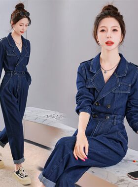 工装双排扣牛仔连体裤女收腰显瘦