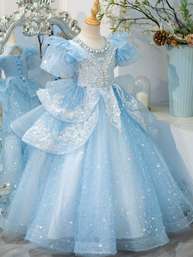 Элитный синий летний наряд маленькой принцессы, платье девочки цветочницы, костюм, для подиума