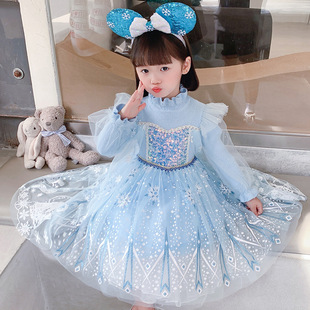 迪士尼冰雪奇缘爱莎公主裙子女童秋冬毛衣生日礼服洋气儿童连衣裙