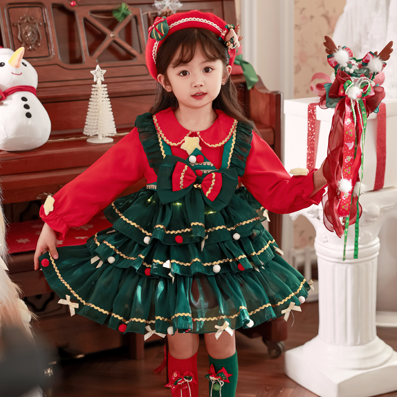 圣诞节服装女童秋冬洛丽塔女童公主裙宝宝连衣裙儿童圣诞主题衣服