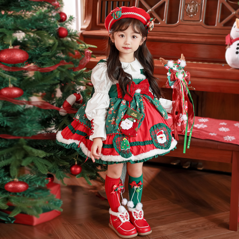 儿童圣诞节服装麋鹿印花连衣裙秋冬季女童洛丽塔蓬蓬圣诞公主裙子