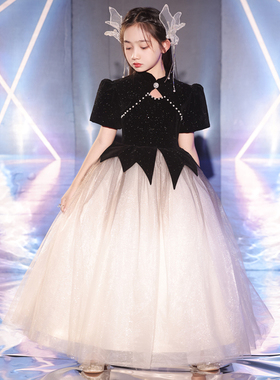 女童晚礼服轻奢小众高端黑色公主裙儿童走秀主持人钢琴演奏演出服