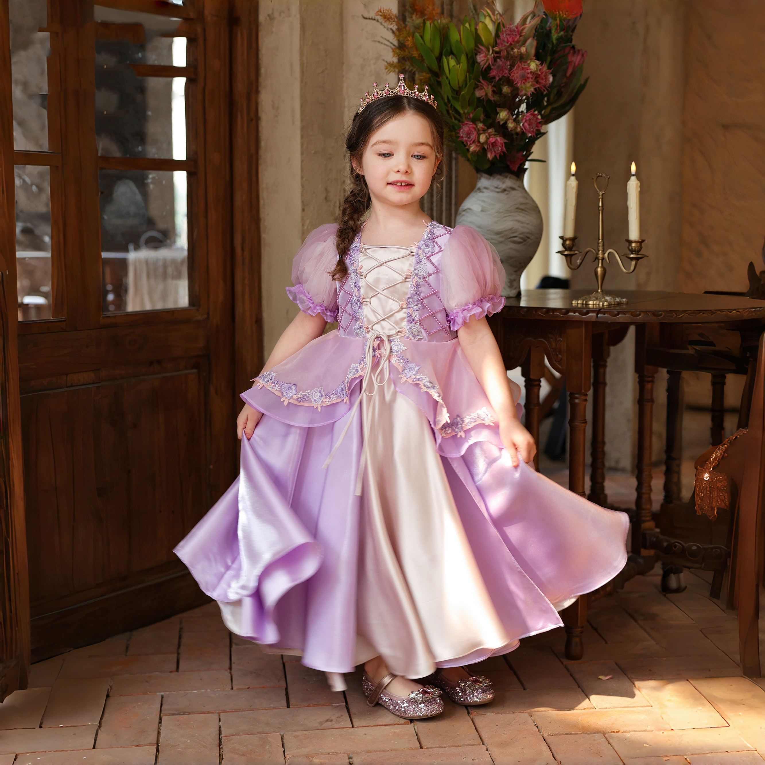 乐佩公主裙女童2026新款夏季长发重工生日礼服儿童泡泡袖连衣裙子