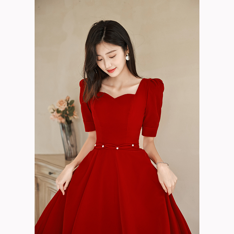 Burgundy fitted brace for bride, evening dress, advanced wedding dress, skirt, suitable for teen, high-quality style