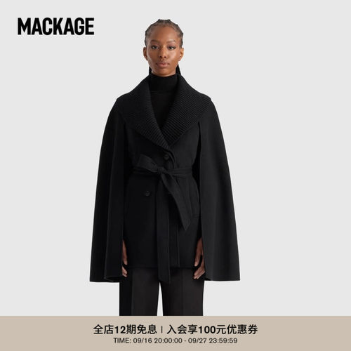 【早秋新品】MACKAGE女士 SUSIE时尚青果领腰带双面羊毛斗篷