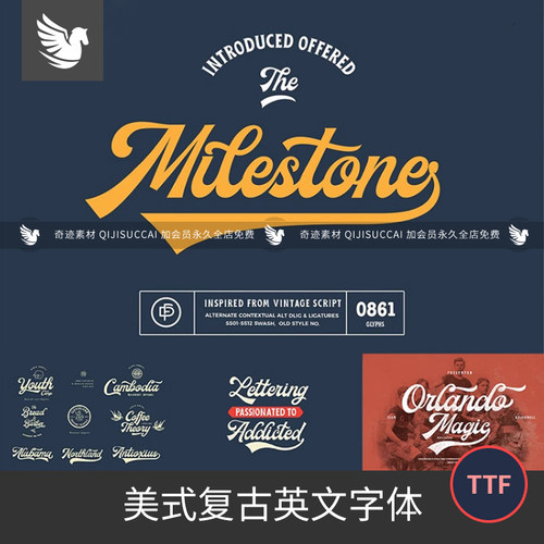 复古美式运动服饰Logo标题排版装饰粗体手写英文字体安装包ps/ai