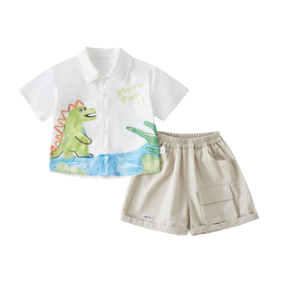 男童夏季套装2026新款潮流衬衫中小童宽松夏装酷帅男宝短袖两件套