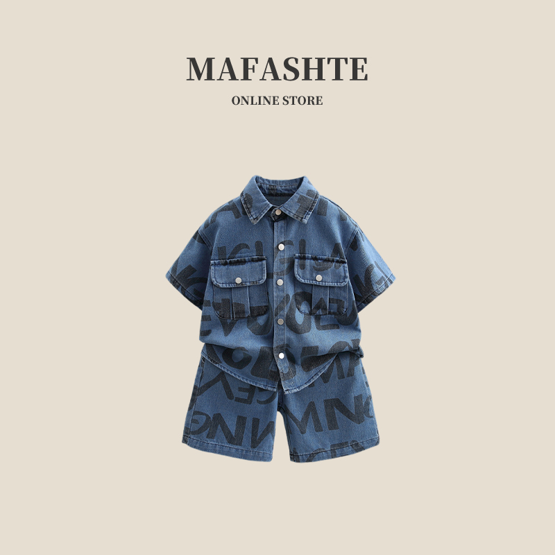 男童短袖牛仔衬衫套装