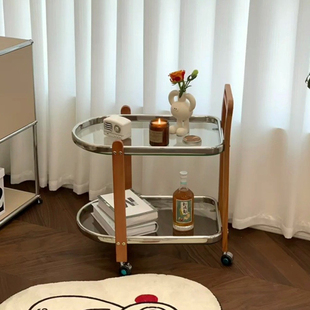 北欧ins实木小推车玻璃日式置物架樱桃木中古可移动沙发茶几边几