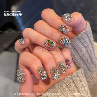 缤纷彩糖拼钻美甲，多彩异性尖底钻