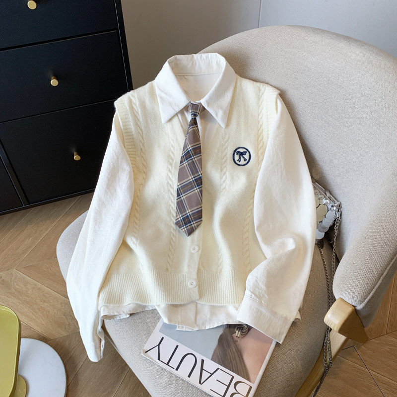 学院风叠穿套装女2026春秋新款初高中学生毛衣马甲背心衬衫两件套