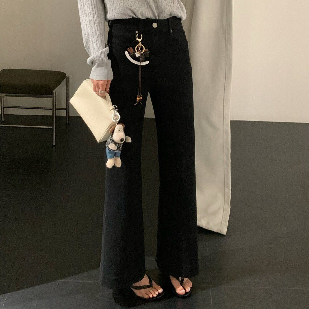 黑色直筒微喇牛仔裤女2026春季四面弹小个子不贴腿喇叭长裤13320