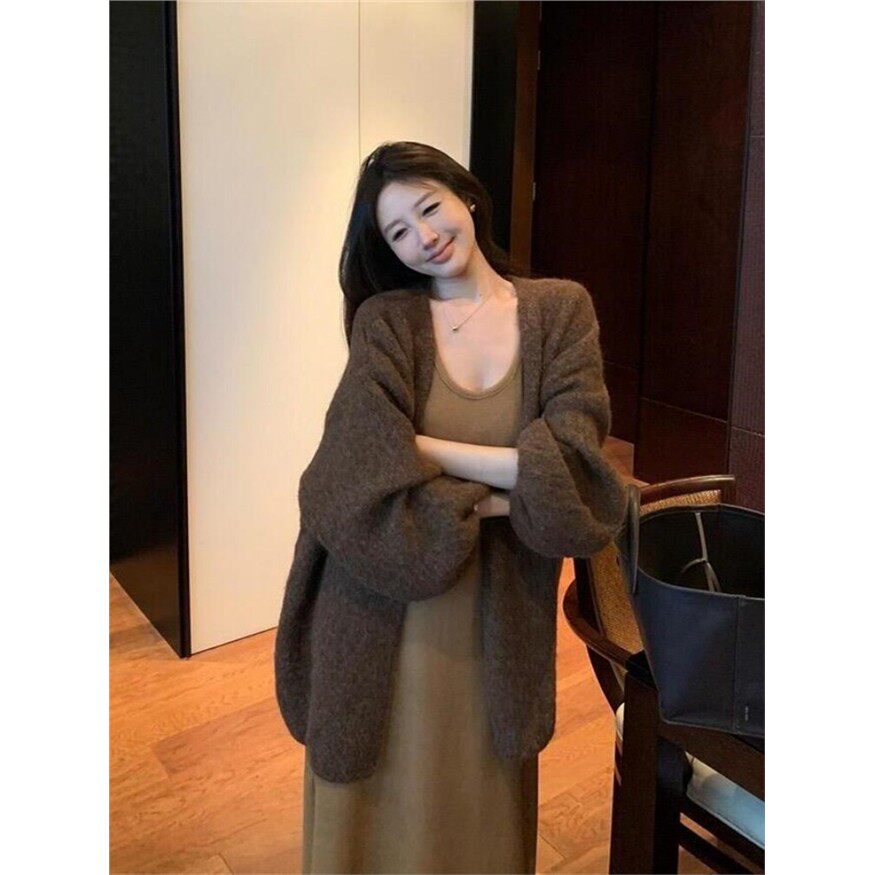 美拉德覆古咖色毛衣外套女秋冬慵懒高级感宽松中长款针织开衫上衣