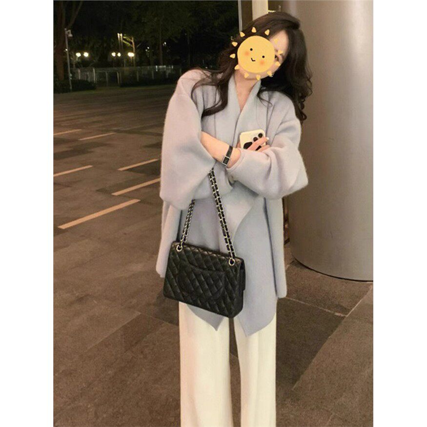 韩版小香风蓝色v领针织开衫女秋冬高级感软糯毛衣外套慵懒风上衣