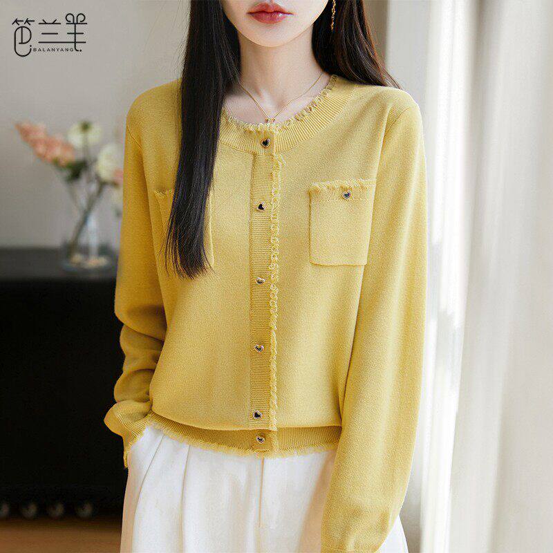 韩系穿搭羊毛针织开衫女款春装2026年新款高级感流苏蓝色毛衣外套