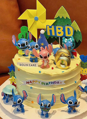 儿童生日蛋糕卡通动漫装饰摆件星际宝贝长耳朵蓝色史迪仔烘焙装扮