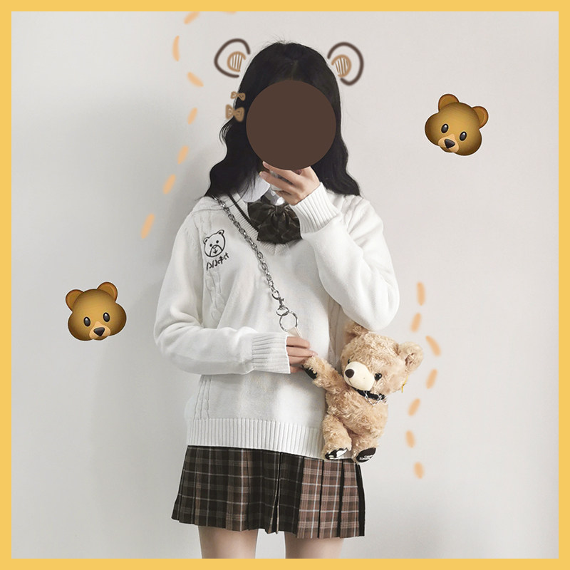 |巧克力小熊|日系软妹可爱JK制服格裙学院刺绣毛衣格纹百褶裙套装