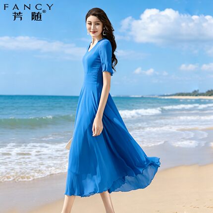 雪纺连衣裙女2026夏季新款短袖显瘦大摆高端气质长款沙滩长裙
