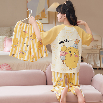 夏季女童睡衣儿童纯棉短袖套装