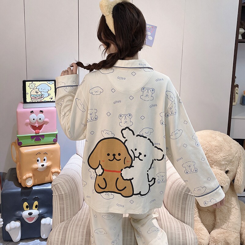 纯棉睡衣女士春秋款长袖线条小狗青少年开衫女学生加大码胖mm薄款