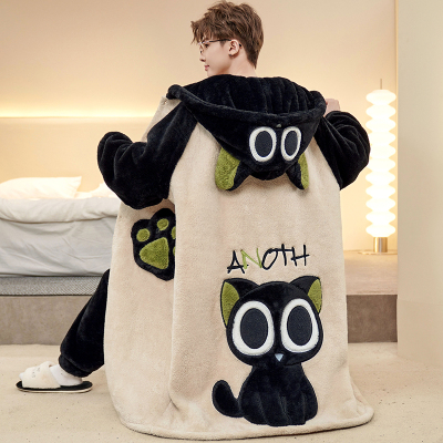 男款冬季睡袍套装珊瑚绒保暖睡衣