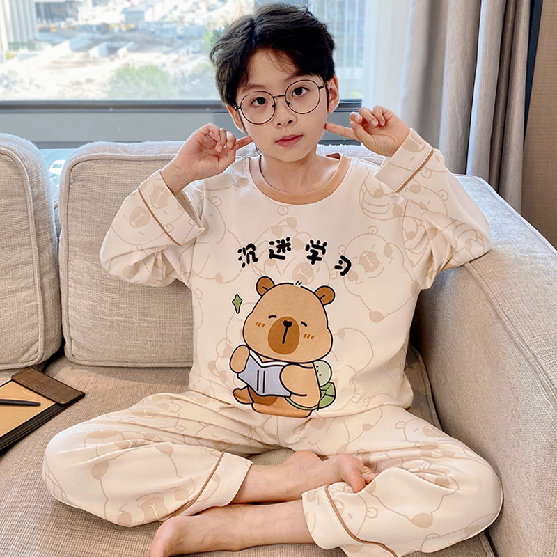 卡皮巴拉儿童睡衣男孩中大童家居服2026春秋新款纯棉长袖男童套装