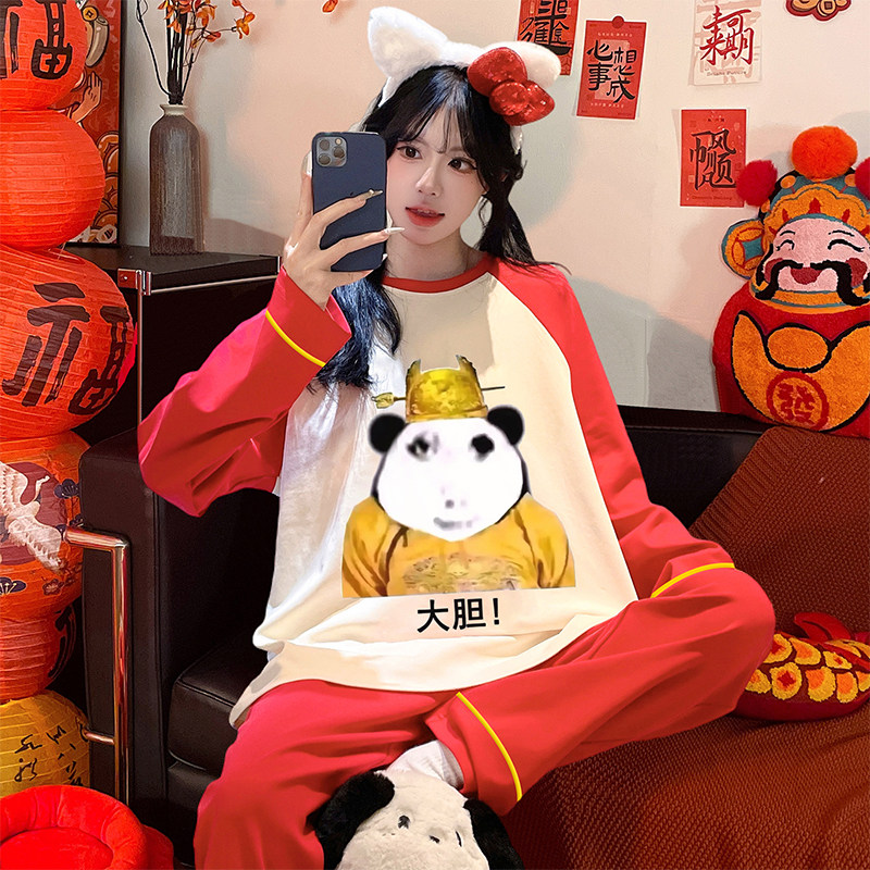 女款睡衣2026新年纯棉长袖套装女生红色内衣初中生大胆龙图家居服