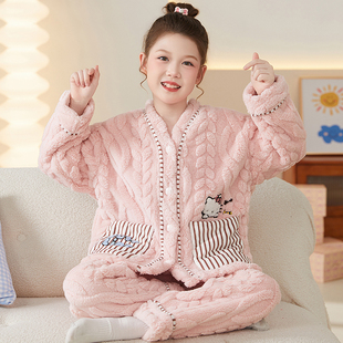 hellokitty女童睡衣冬季珊瑚绒加厚儿童套装女孩甜美公主风家居服