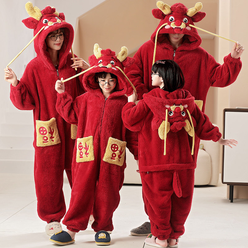 红色连体睡衣儿童珊瑚绒冬季加厚睡袋2026马年本命年家居服亲子装