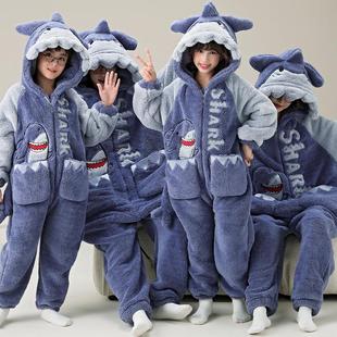 亲子装连体睡衣女孩冬季鲨鱼宝宝珊瑚绒加绒加厚200斤大码家居服