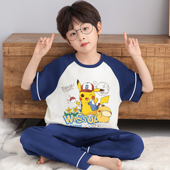 纯棉短袖夏套装儿童睡衣2025新款青少年皮卡丘男童夏天棉绸家居服