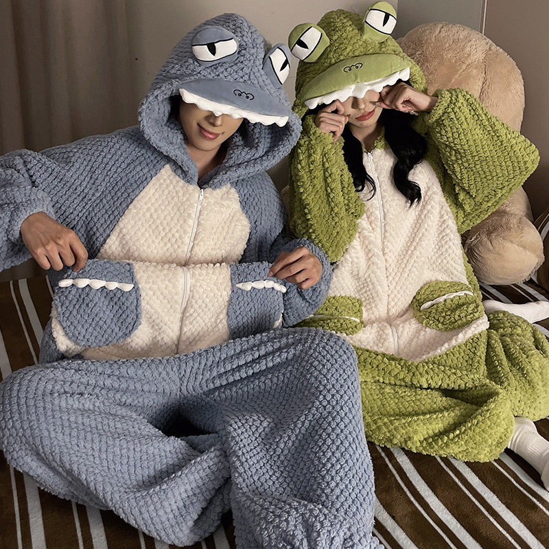 搞怪恐龙情侣睡衣珊瑚绒女款冬季连体睡袋成人卡通男士毛绒家居服