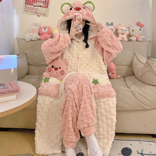 loopy露比珊瑚绒连帽睡袍女冬季新款加绒加厚保暖睡衣家居服套装