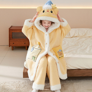 珊瑚绒女童睡袍冬季儿童加绒加厚睡衣套装黄油小熊女孩家居服秋冬