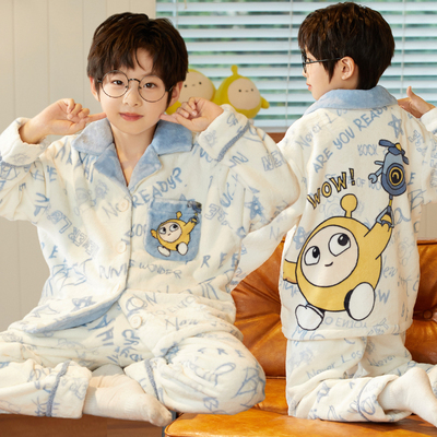 新款男童睡衣秋冬卡通蛋仔法兰绒