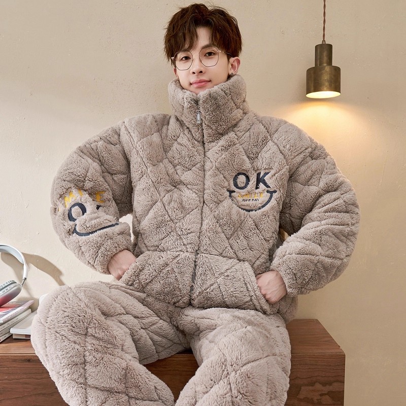 珊瑚绒冬季男款套装三层夹棉棉服
